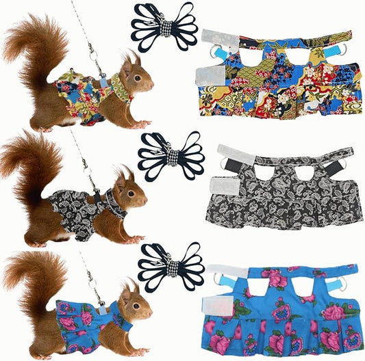 3 Sets Squirrel Leash and Harness Set,Traction Rope Strap, Ferret Harness Vest, Adjustable Flora Small Animal Harness Vest for Ferret, Dwarf Chinchilla, Guinea Pig, Fancy Rat (Medium)