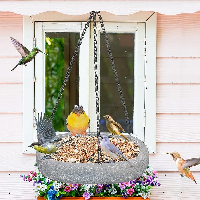 Hanging Bird Bath, Resin Ground Birdbath Feeder Bowl with Vintage Bird Ornament, Garden Birdfeeder Bath for Garden Yard Patio Decor (Ellipses)