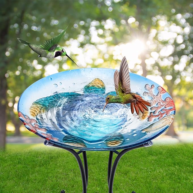 MUMTOP Bird Baths for Outdoors, Sea Turtle Glass Large Bird Bath Bowl with Metal Stand, Bird Feeders for Outside and Garden, Patio,Lawn Decor (Blue)