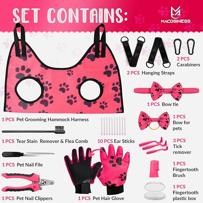 Pet Grooming Hammock for Nail Trimming - Complete Groomers Helper Set for Pet - Dog Grooming Hammock with Hook - Cat Nail Clipper - Dog Hammock for Nail Clipping (S, Pink with Black Paws)