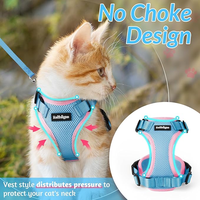 rabbitgoo Cat Harness and Leash for Walking, Escape Proof Soft Adjustable Vest Harnesses for Cats, Easy Control Breathable Reflective Strips Jacket, Light Blue&Pink, M