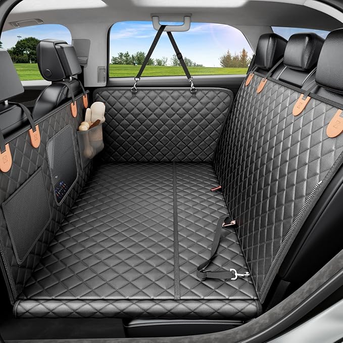 REEVAA Dog Car Seat Cover for Back Seat, Hard Bottom Dog Hammock, Pet Bed Extender for 2-4 Large/Medium Dogs, Ruff Waterproof Seat Protector, Rover Universal L Size for SUV Medium Truck, Black+Orange