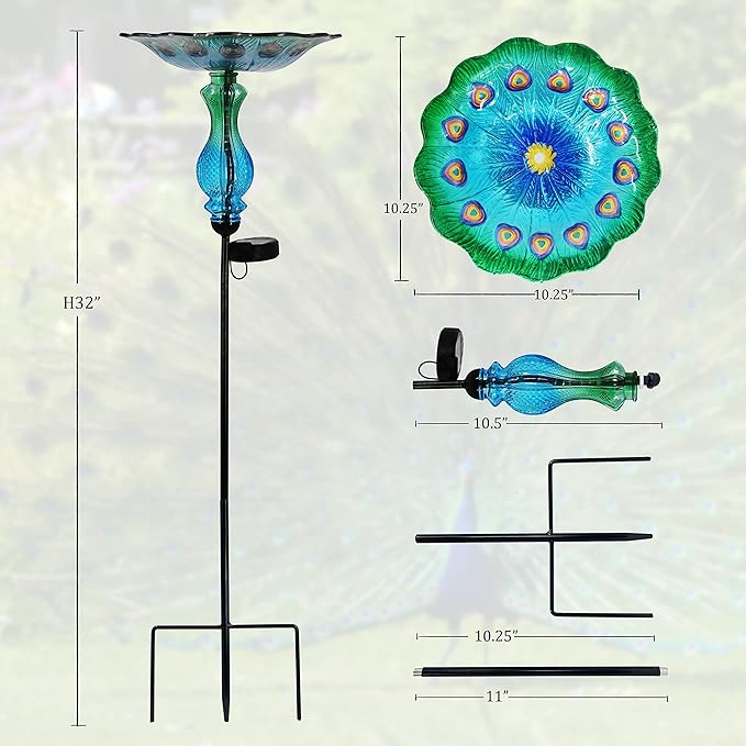 John's Studio Peacock Bird Bath for Outdoor - Glass Bowl Solar Light Cage Outside Dish Bird Feeder with Metal Stake for Garden, Yard and Patio - 32 inches