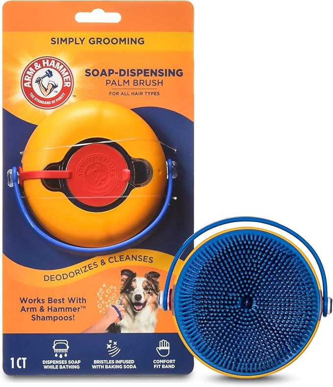 Arm & Hammer Simply Grooming Soap Dispensing Dog Bathing Palm Brush for All Hair Types, Pair with Your Favorite Shampoo, Easy Grip Scrubber for Dogs