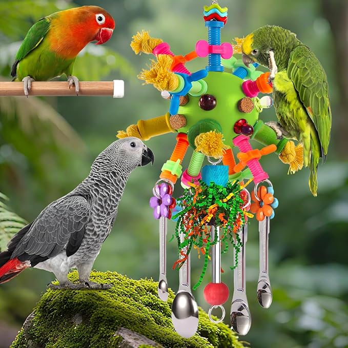 Parrot Toys Bird Toys Perch Pullable Stainless Steel Spoons Colorful Acrylic Stick Chew Toys for Amazons Mini Macaws African Greys Cockatoos Conures,Cockatiels,Lovebirds,Parrotlets and Other (green)