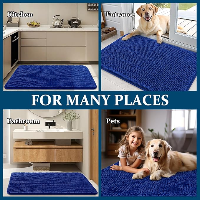OLANLY Dog Door Mat for Muddy Paws 36x24, Absorbs Moisture and Dirt, Absorbent Non-Slip Washable Doormat, Quick Dry Chenille Mud Mat for Dogs, Entry Indoor Entryway Carpet for Inside Floor, Royal Blue