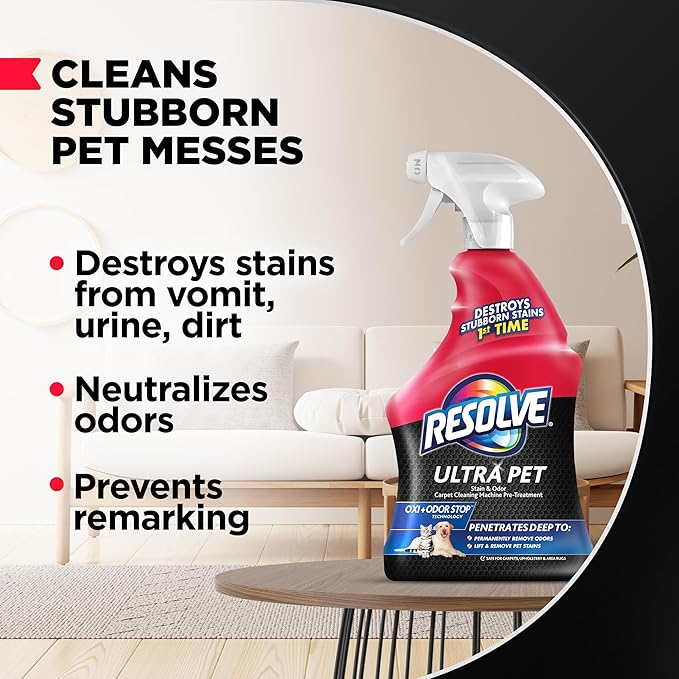 Resolve Ultra Pet Odor and Stain Remover Spray – Carpet Cleaner for Cat and Dog Urine and Poop, 32oz