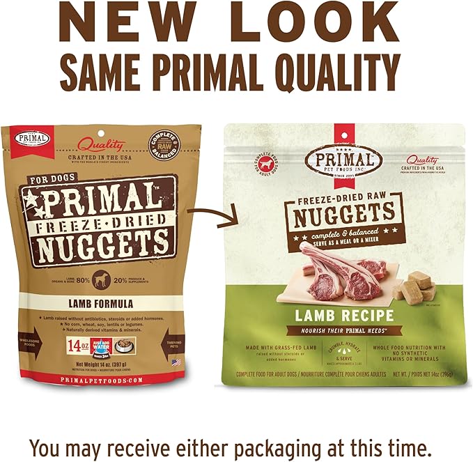 Primal Freeze Dried Raw Dog Food Nuggets, Lamb, Complete & Balanced Meal, Also Use as Topper or Treat, Premium, Healthy, Grain Free, High Protein Raw Dog Food, 14 oz (Pack of 4)