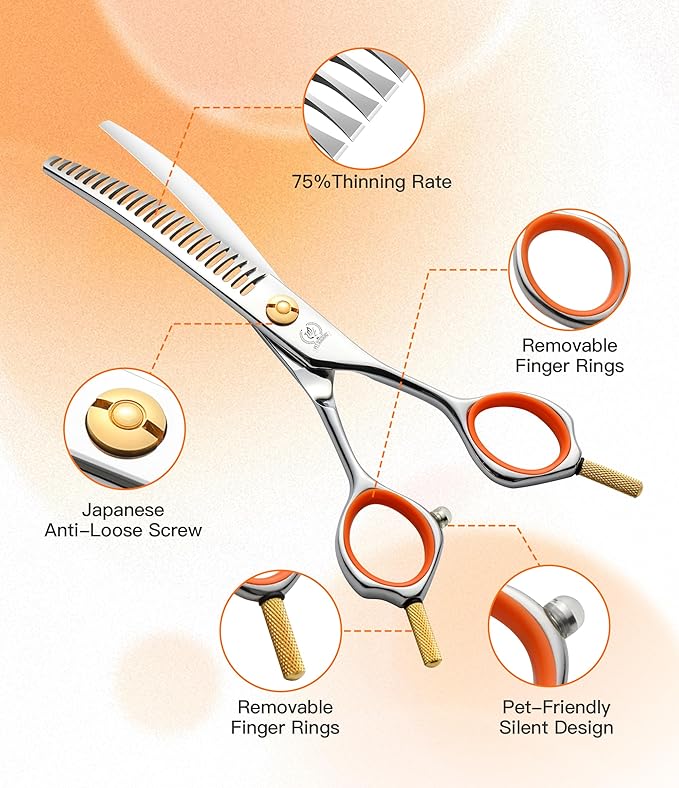 Fenice Peak 6" Small Curved Chunker Scissors, Japanese 440C Steel with Safety Round Tips, Lightweight Pet Grooming Shears for Professional Face, Paws & Body Contouring