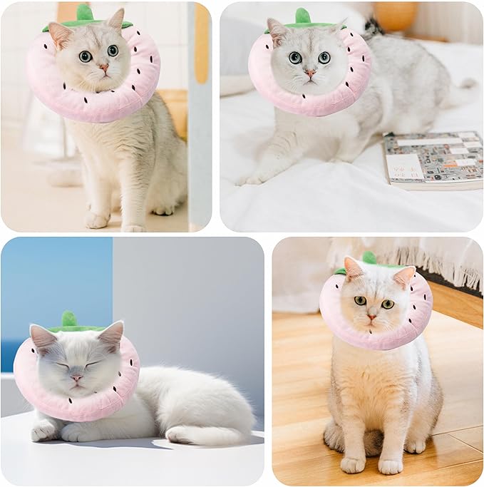 Soft Cat Cone Collar, Cute Cat Recovery Collar Suitable for Small, Medium, Large Cats,Elizabethan Neck Collar for Cats After Surgery (Strawberry, Small)