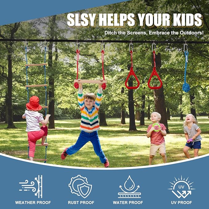 Slsy 60FT Ninja Warrior Obstacle Course (10 Obstacles), Ninja Slackline Kit for Kids, Durable Playset Equipment with 10 Complete Set-Monkey Bar,Swing, Climbing Ladder & Net