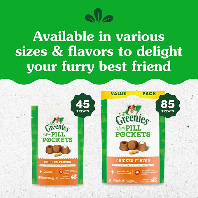 Greenies Feline Pill Pockets for Cats Natural Soft Cat Treats, Chicken Flavor, 1.6 oz. Pouch (45 Treats)