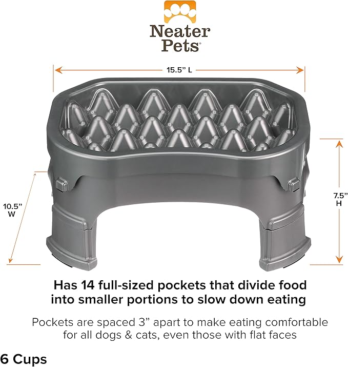 Neater Pet Brands – Neater Raised Slow Feeder Dog Bowl – Elevated and Adjustable Food Height - (6 Cup, Gunmetal)