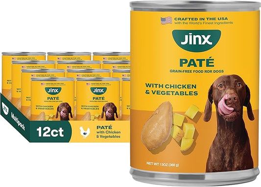 Jinx Premium Wet Dog Food Cans - Chicken & Vegetables Pate - Grain-Free Canned Dog Food Pate & Topper with Real Ingredients & No Fillers - All Life Stages, Breeds & Sizes - 12-Pack, 13 Oz