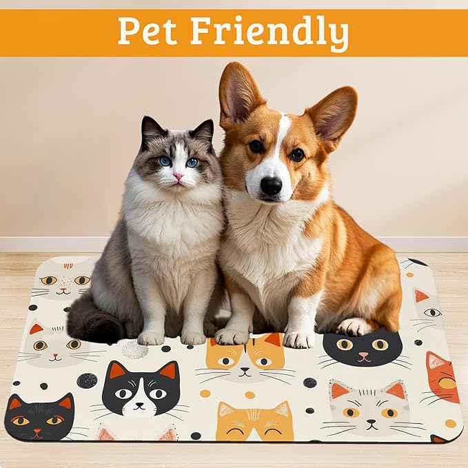 Cats Dog Cat Food Mat,Absorbent Waterproof Placemat for Food and Water Non Slip Rubber Backing Durable Feeding Pad for Clean Floors 12" x 20"