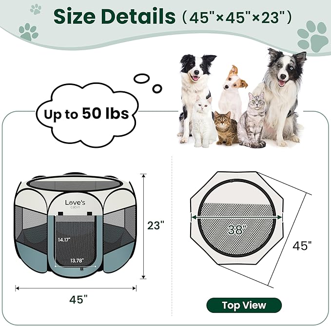 Love's cabin Pet Puppy Dog Playpen, Large Dog Tent Crates Cage Indoor/Outdoor, Portable Playpen for Cat, Foldable Pop Up Dog Kennel Playpen with Carring Case, Removable Zipper Top, Moss Green