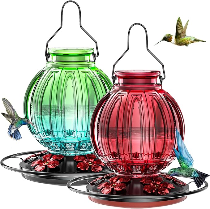 2 Pack Glass Hummingbird Feeder for Outdoors Hanging, Bird Nectar Feeder with Perch & 5 Flower Feeding Ports, 26 Oz Leak Proof for Outside Garden Decor Backyard, Gifts for Women Mom, Red & Green Blue