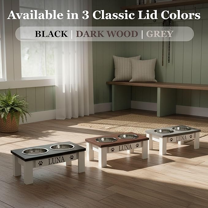 GrooveThis Woodshop Luxury Pet Feeder - Elevated Stand with Stainless Steel Bowls for Small Dogs & Cats, Anti-Slip, Easy Clean, Chic & Durable Design (Small, Dark Walnut)