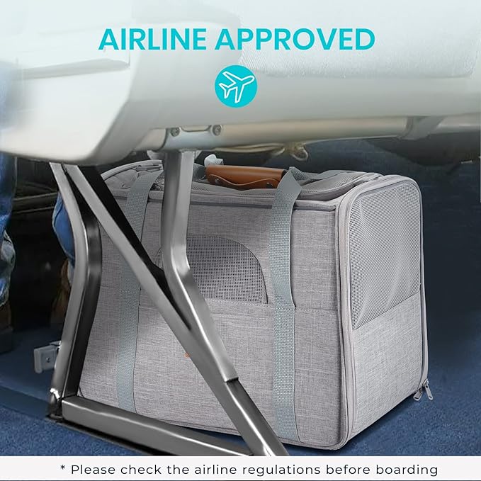 Morpilot Portable Cat Carrier - Soft Sided Cat Carrier for Medium Cats and Puppy up to 15lbs, Pet Carrier with Locking Safety Zippers, Foldable Bowl, Airline Approved Travel Dog Carrier - Light Gray