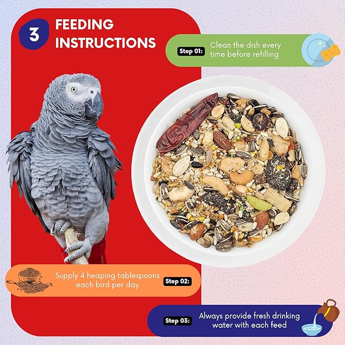 ABBA 1400 Premium Bird Food for African Grey, Conure, and Senegal Parrot, Bird Seed Blend with Whole Eggs, Fruits and Nuts - Packed with Protein, Vitamins & Minerals, 5 lbs