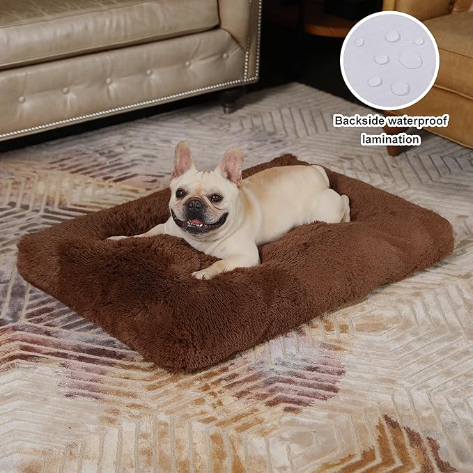 Bedfolks Waterproof Crate Bed, Plush Pad with Removable Cover, Faux Fur for Large Dogs, Washable Kennel Bed 35"x23", Solid Brown