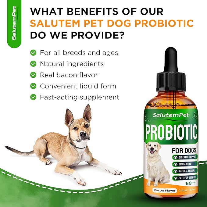 Probiotics for Dogs | Liquid Probiotics for Dogs and Puppies | Prebiotic & Digestive Enzymes | Gut Flora Support and Digestive Care | Bacon Taste | 2 Oz