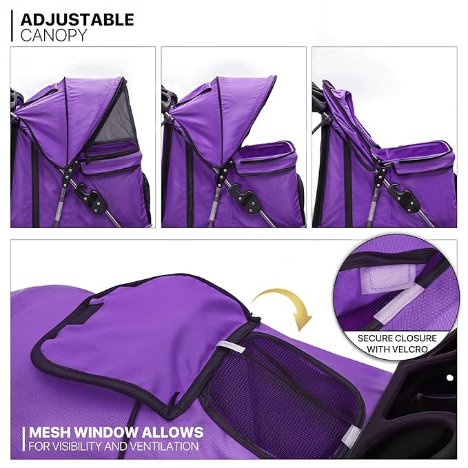 MoNiBloom 3 Wheels Pet Dog Cat Stroller for Small Medium Dogs Cats, Lightweight Foldable Jogger Stroller w/Storage Basket and Cup Holder, Purple