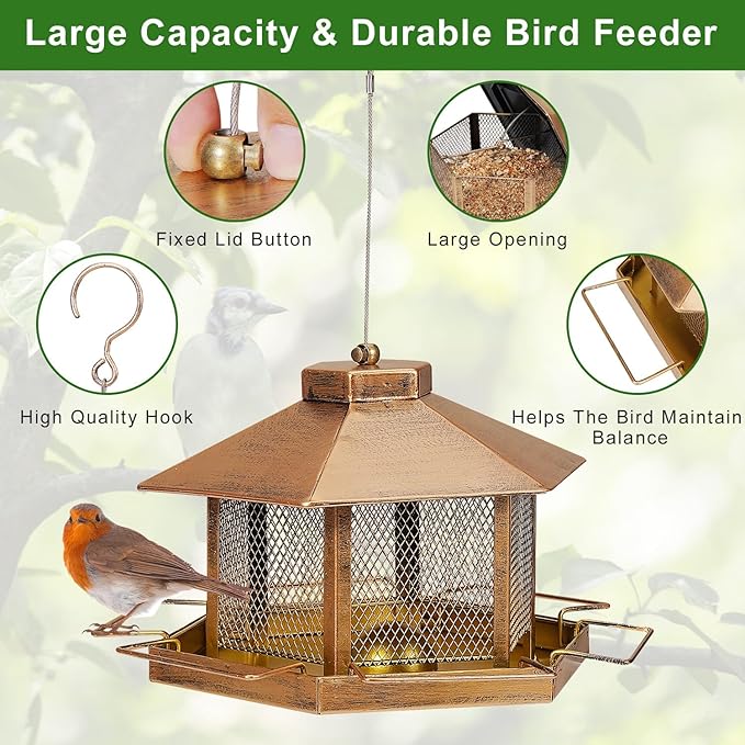 Metal Bird Feeder for Outdoor Hanging, 4.6LB Large Capacity, Garden Decoration - Attracts Wild Birds, Durable Outdoor Bird Feeding Station for Garden Yard Outside Backyard (Extra Large Gold)