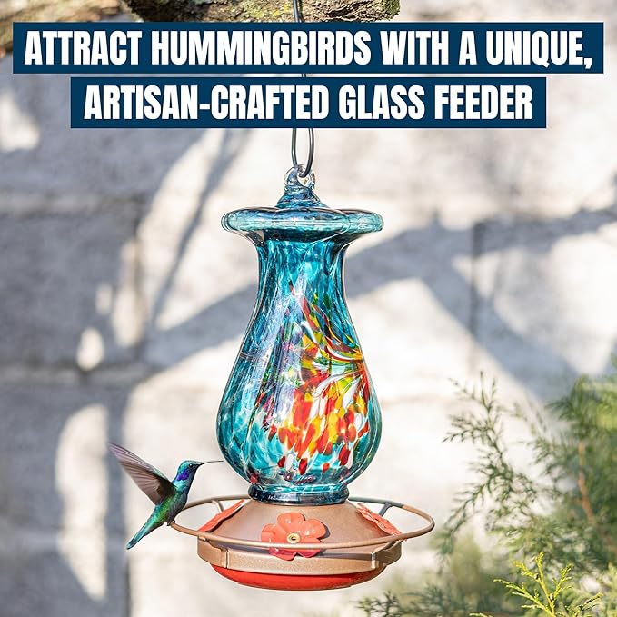 MEKKAPRO Hummingbird Feeders for Outdoors Hanging Glass 20oz, Decorative Feeder with Blown Stained Waterdrop Glass Design for Outdoors and Backyard, Easy Fill with 4 Nectar Feeding Flowers (Sky Blue)