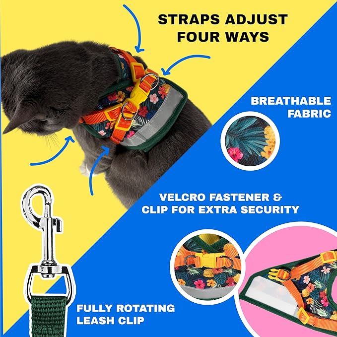 Travel Cat Harness and Leash Set - Adjustable Fit Mesh Cat Harness and Reflective Strap - Comfort Walking Vest for Kitten for Outdoor Walking, Hiking (Small, Hawaiian)