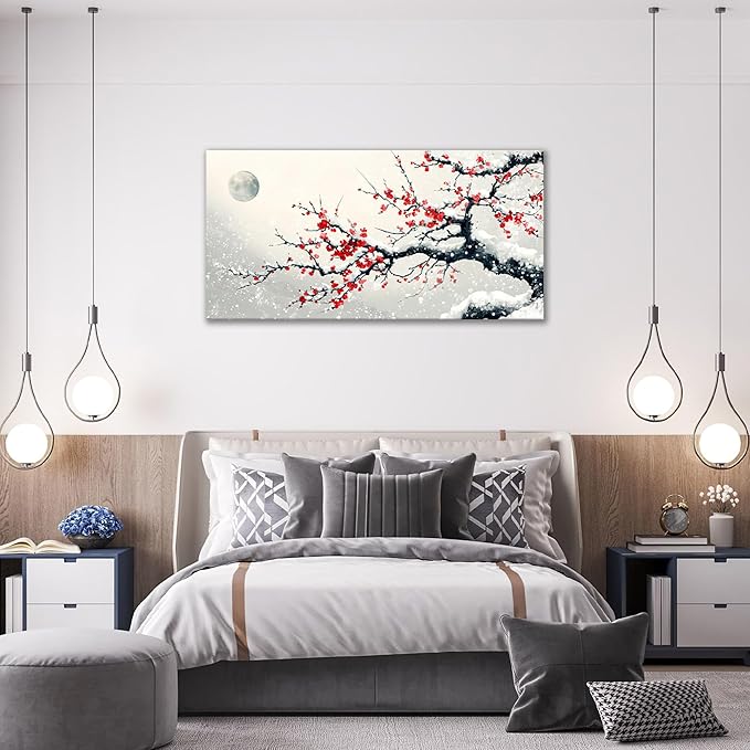 Large Flower Blossom Wall Art Snow Winter Canvas Living Room Chinese Floral Pictures Framed Prints Oversize Japanese Wall Decor Painting Artwork for Bedroom Dining 60"x30"