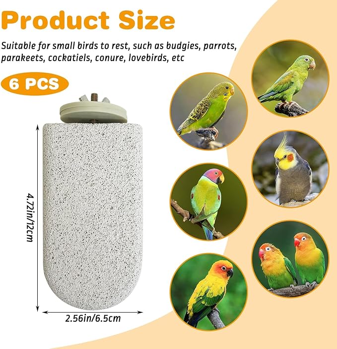 PINVNBY 6 PCS Large Bird Cage Perch Natural Parrot Beak Grinding Stone Calcium Parakeet Chew Toy Bird Stand Platform for Cockatiel Conure Lovebird Finch