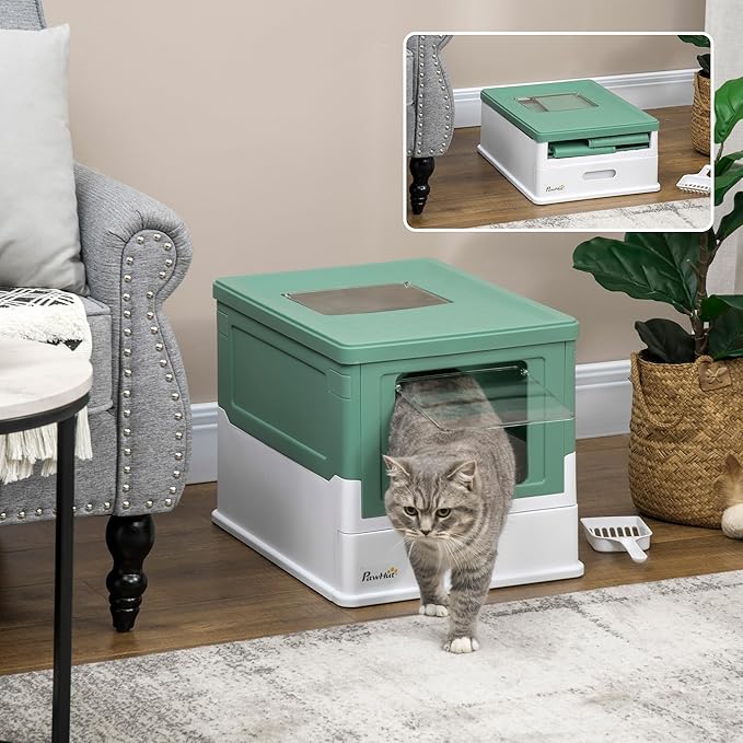 PawHut Fully Enclosed Litter Box with Scoop, Hooded Litter House with Drawer Tray, Foldable Smell Proof Cat Potty with Front Entry, Top Exit, Portable Pet Toilet with Large Space, Green