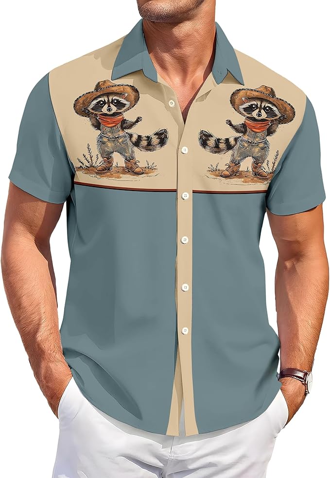 Men’s Hawaiian Shirt Western Cowboy Symmetrical Print Short Sleeve Button Down Casual Beach Holiday Summer Shirt