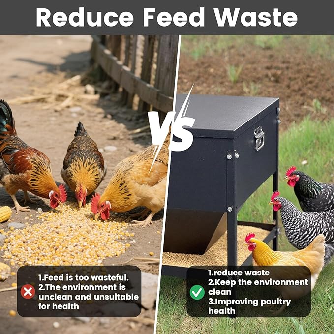 All Metal Chicken Feeding with Waterproof Lid and Handle，Adjustable 80 lbs Large Capacity No Waste Portable Automatic Chicken Feeder,for Chickens and Duck Poultry and Other Birds