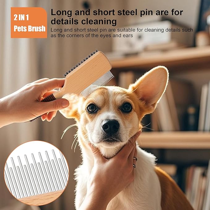 2 in 1 Pin and Boar Bristle Brush for Dogs & Cats, Shedding Grooming Dog Brush for Short Haired Dogs, Cats, Pets with Beech Wood Rubber Handle