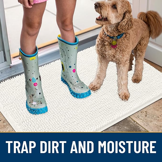 Smiry Dog Door Mat for Muddy Paws 36x24, Absorbs Moisture and Dirt Doormat, Non-Slip Washable Quick Dry Chenille Front Door Mat Indoor Entrance, Entryway Carpet for Inside Floor, Ivory