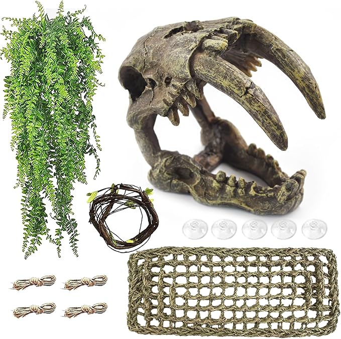 Resin Skull Habitat Hideout Cave Decor Reptile Hammock Lizard Lounger Bearded Dragon Tank Accessories Reptiles Hanging Vine Bendable Jungle Climbing Plant Terrarium Decoration(4PCS)