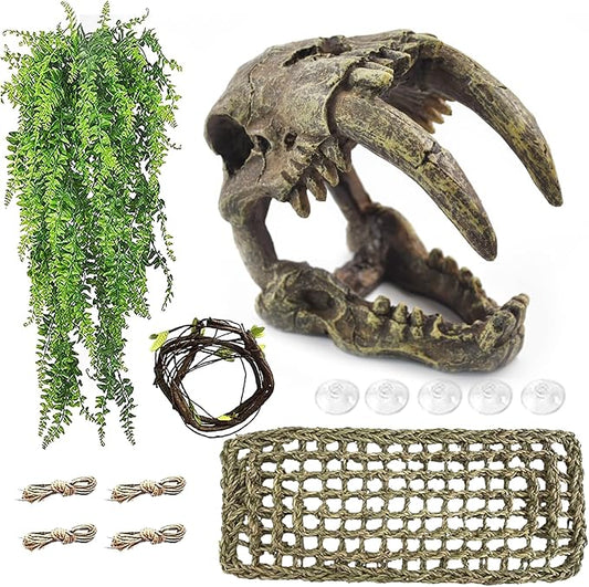 Resin Skull Habitat Hideout Cave Decor Reptile Hammock Lizard Lounger Bearded Dragon Tank Accessories Reptiles Hanging Vine Bendable Jungle Climbing Plant Terrarium Decoration(4PCS)