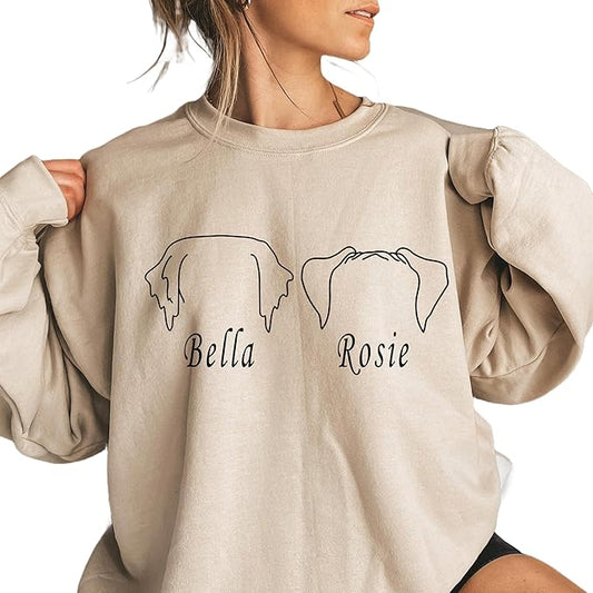 Custom Dog Mom Shirt for Women Pet Ears Sweatshirt with Name Unique Puppy Line Art Cute Dad Hoodie for DogDad Owner Lover