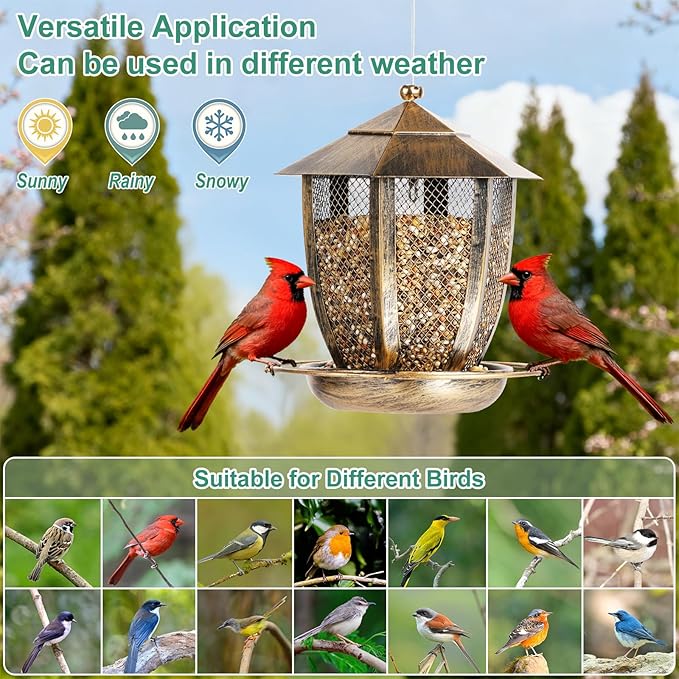 LBTING Bird Feeder for Outside, Hexagon Lantern-Shaped Metal Bird Feeder, Squirrel Proof Wild Bird Feeders for Hanging Outdoor Garden Yard