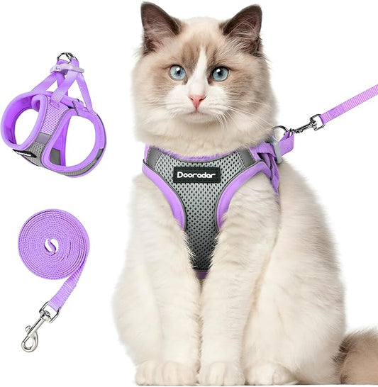 Dooradar Cat Harness and Leash Set, Escape Proof Lightweight Kitten Harness, Soft Breathable Reflective Vest for Outdoor Walking Traveling, Adjustable for Large Cats, Grey & Purple, L