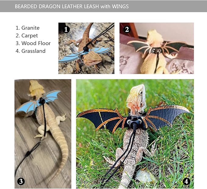 Bearded Dragon Leash and Harness Set, Beardie Carrier, Lizard Adjustable Harness with Leather Wings and Sling Bag, Reptile Small Pet Backpack Batwing Accessories (Leopard Pattern with Crown)