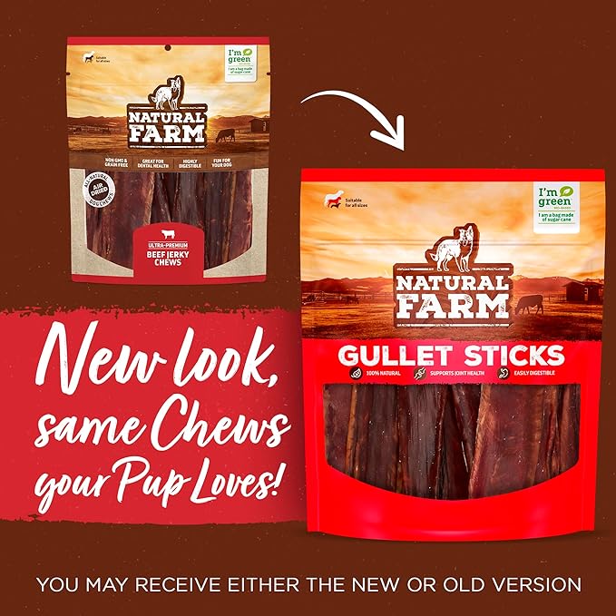 Natural Farm Gullet Jerky Sticks (10”, 12-Pack), Fully Digestible Beef Esophagus, Grain-Free, Odor-Free - Best for Light, Pups & Senior Chewers