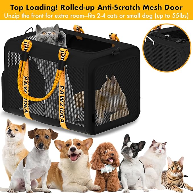 PAWZIDEA Expandable Large Pet Carrier with Wheels, 24x16x16 in Rolling Cat Carrier for 2–4 Cats up 55lb, Soft-Sided Collapsible Small Medium Dog Crate for Car Travel, Telescopic Handle, Storage Pocket