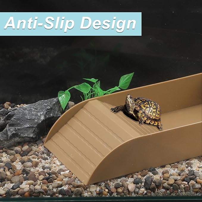 Tortoise Food Dish with Ramp, Plastic Reptile Water Bowl, Tortoise Water Pool, Reptile Climbing Ramp for Turtles Lizards, 13.98"x7.87"x2.36", Brown