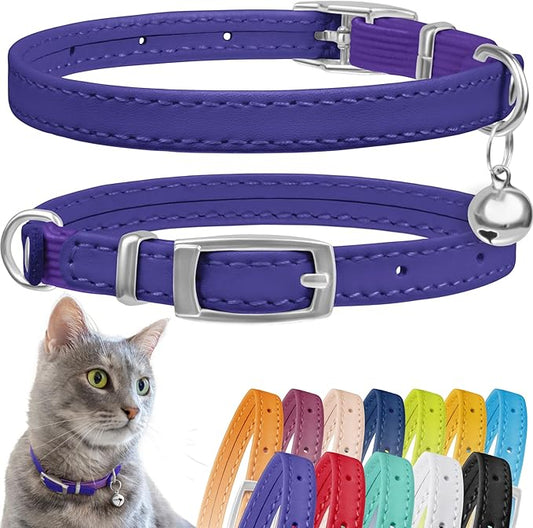 CollarDirect Leather Cat Collar, Kitten Collar with Removable Bell Black Blue Red Orange Lime Green (6-7 Inch, Purple)