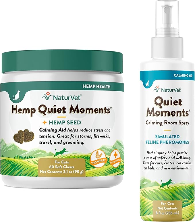 NaturVet Hemp Quiet Moments Plus Hemp Seed for Cats, 60 ct Soft Chews, Made in USANaturVet Quiet Moments Herbal Calming Spray, 8 Ounce- Feline
