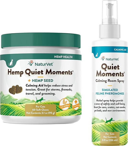 NaturVet Hemp Quiet Moments Plus Hemp Seed for Cats, 60 ct Soft Chews, Made in USANaturVet Quiet Moments Herbal Calming Spray, 8 Ounce- Feline