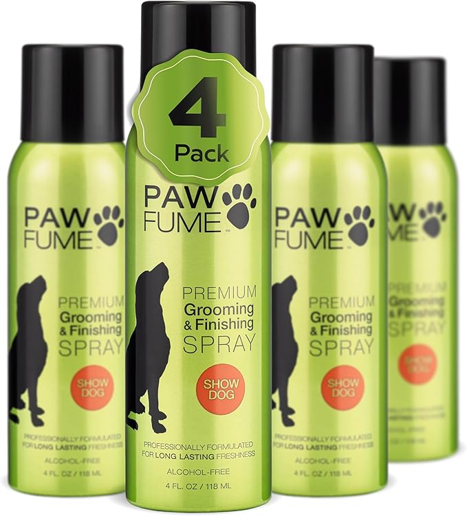 Paw Fume Dog Perfume Spray Long Lasting Scent for Grooming, Show Dog, 4-Pack – Keep Your Pup Fresh All Day – Hypoallergenic, Alcohol-Free, Detangling Formula – Moisturizing Pet Cologne Spray for Dogs